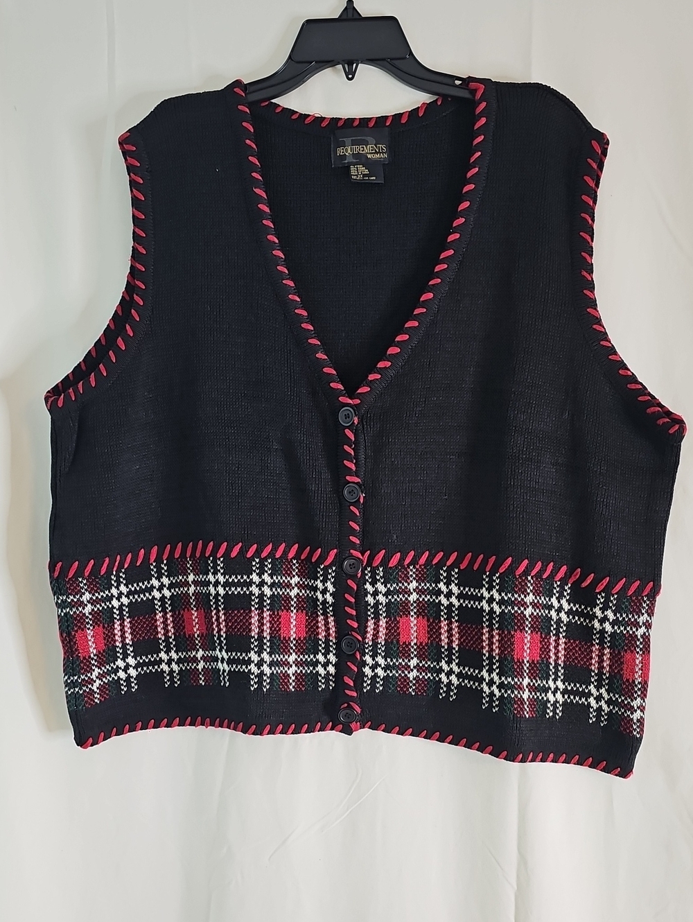 Requirements Black Knit Vest with Red Trim and Plaid Hem